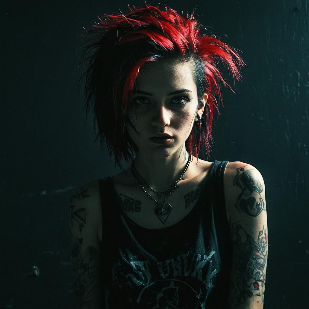 Punk Rock Woman with Red Spiked Hair and Tattoos Portrait