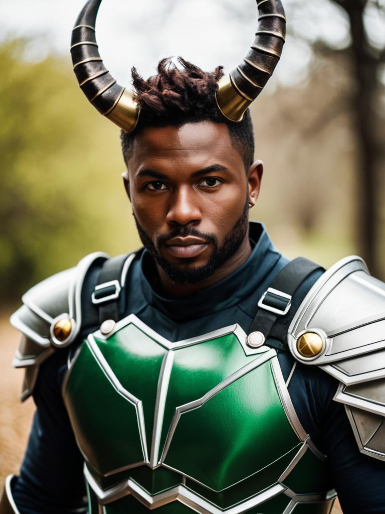 Fantasy Warrior Man in Green Armor with Decorative Horns Outdoors