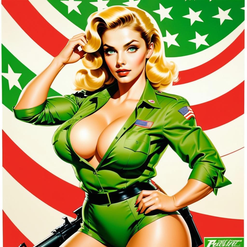 Vintage Pin-Up Style Woman in Military Outfit with American Flag Background
