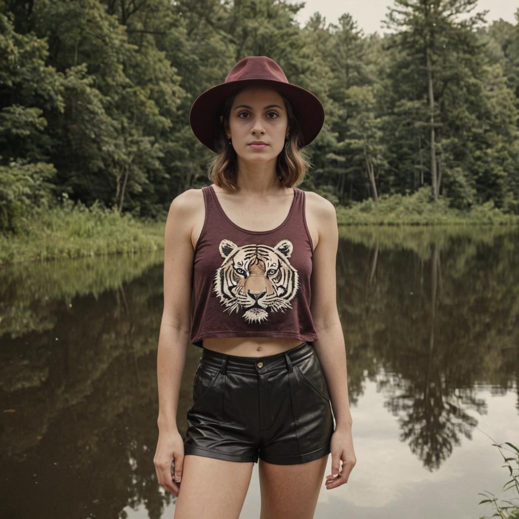 Young Woman in Tiger Print Top by Serene Lake