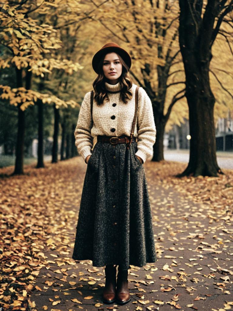 Woman in Vintage Cozy Fall Outfit Walking on Leaf-Covered Path