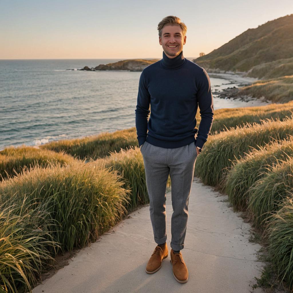 Smiling Man in Stylish Turtleneck on Coastal Pathway at Golden Hour