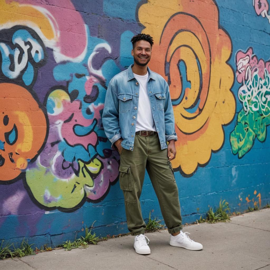 Man in Denim Jacket Against Graffiti Wall