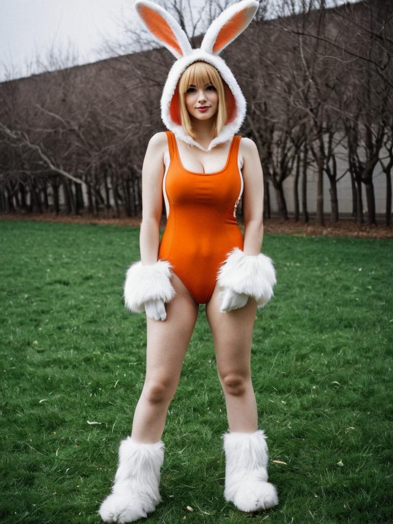 Woman in Orange Bunny Costume with Plush Fur Accessories Outdoors