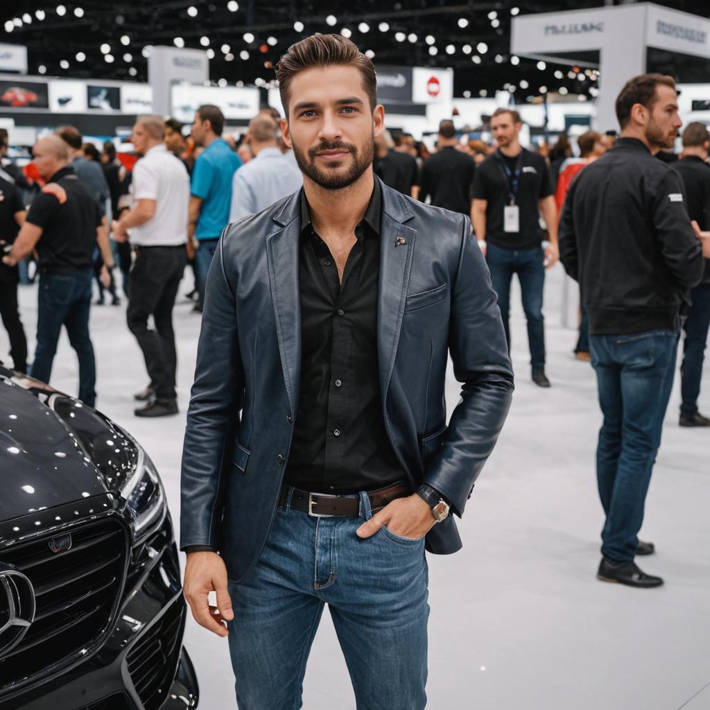 Stylish man at auto show beside sleek car