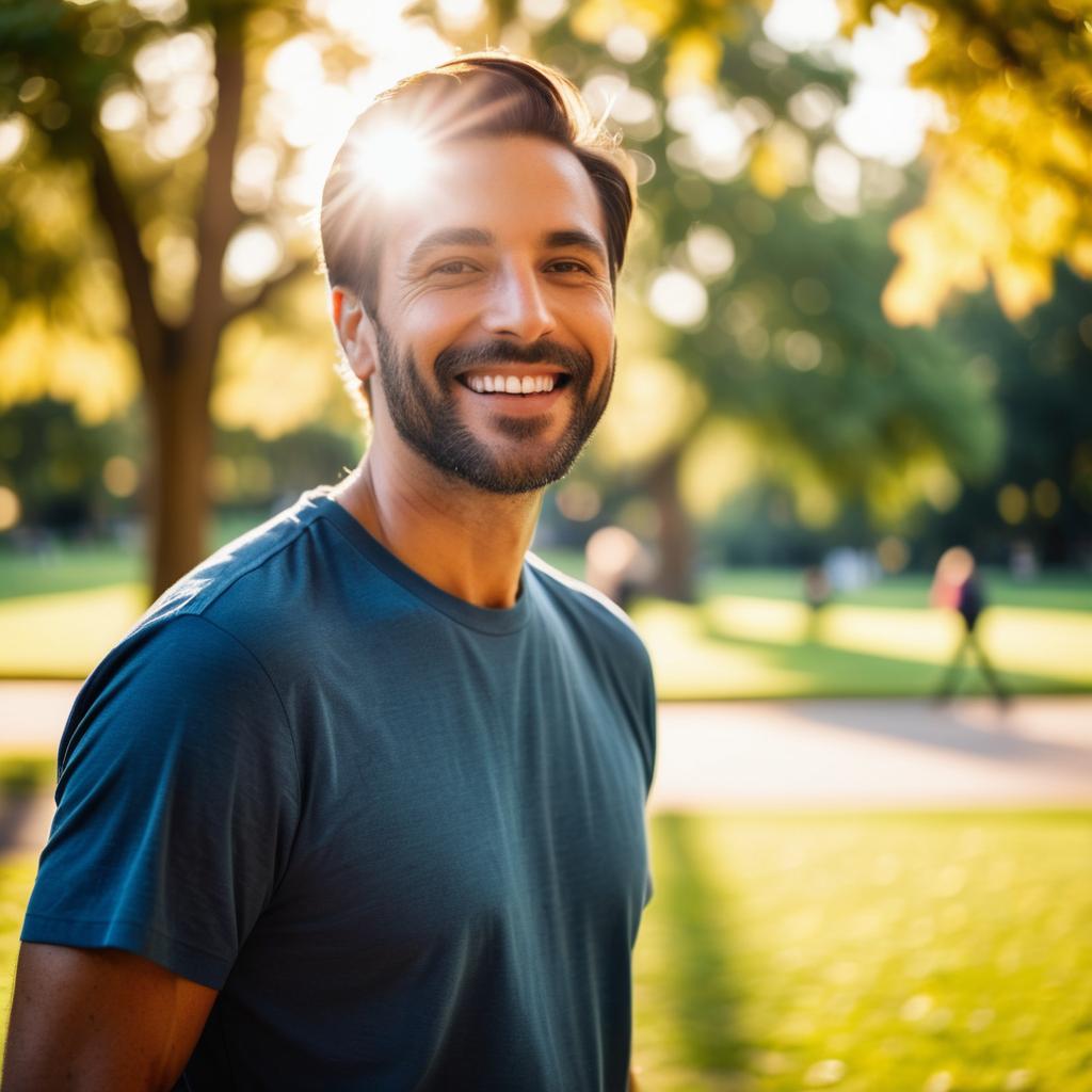 Cheerful man with beard in sunlit park