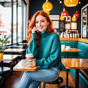 Cheerful woman with red hair in cozy café