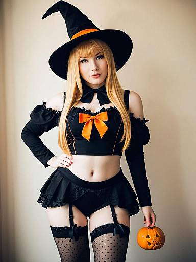 Woman in Witch Costume Holding Pumpkin Halloween Outfit