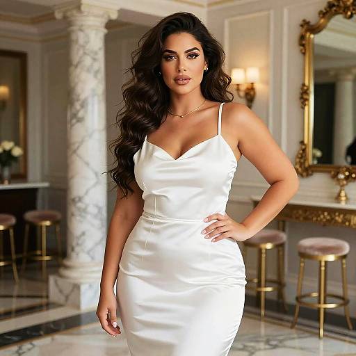 Elegant Woman in White Satin Dress in Luxurious Interior