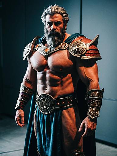 Photorealistic Hephaestus Costume Cosplay Featuring Muscular Man in Detailed Mythological Armor