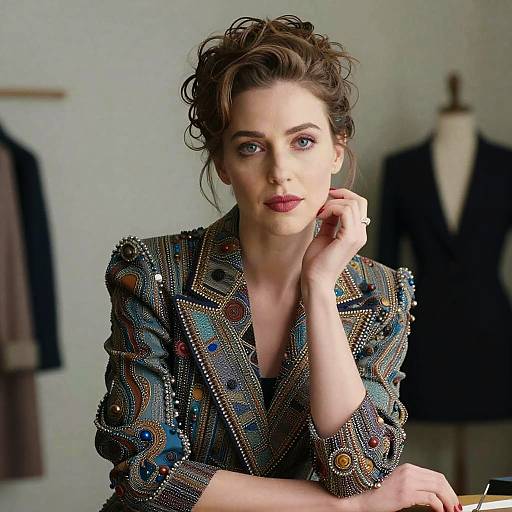 Elegant Woman Wearing Beaded Artistic Blazer Fashion Portrait