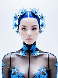 Symmetrical Portrait of Woman with Blue Hair and Floral Accents