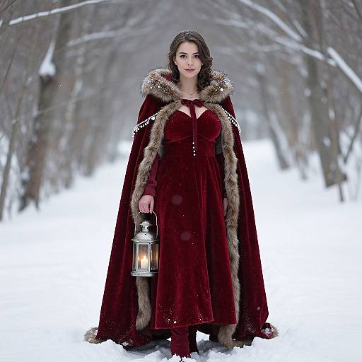 Woman in Red Velvet Cloak Holding Lantern in Snowy Forest