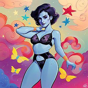 Stylized Character with Blue Skin in Colorful Dreamy Background