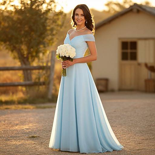 Woman in Elegant Light Blue Gown Holding White Rose Bouquet Outdoors