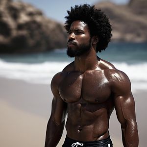 Muscular Man with Afro on Beach Showing Strength and Confidence