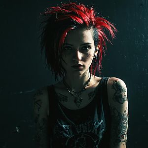 Punk Rock Woman with Red Spiked Hair and Tattoos Portrait