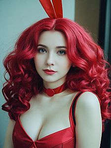 Confident Woman with Curly Red Hair in Bold Red Outfit