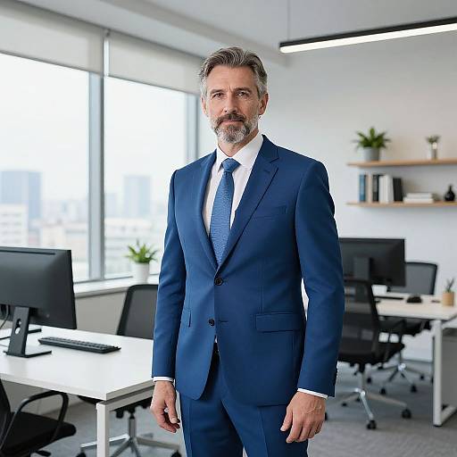 Confident Businessman in Blue Suit Standing in Modern Office Interior