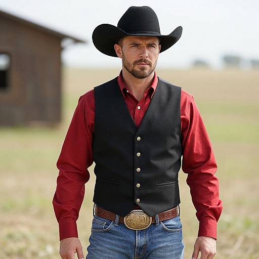 Man in Western Cowboy Outfit with Black Hat and Vest