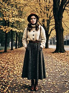 Woman in Vintage Cozy Fall Outfit Walking on Leaf-Covered Path