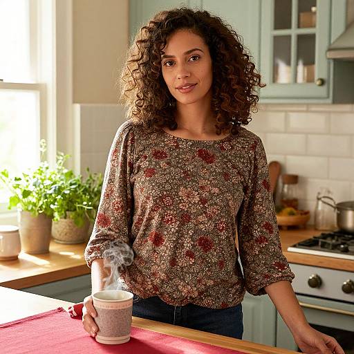 Young Woman Enjoying Coffee in Cozy Kitchen with Floral Blouse