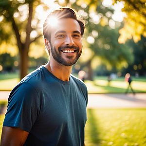 Cheerful man with beard in sunlit park