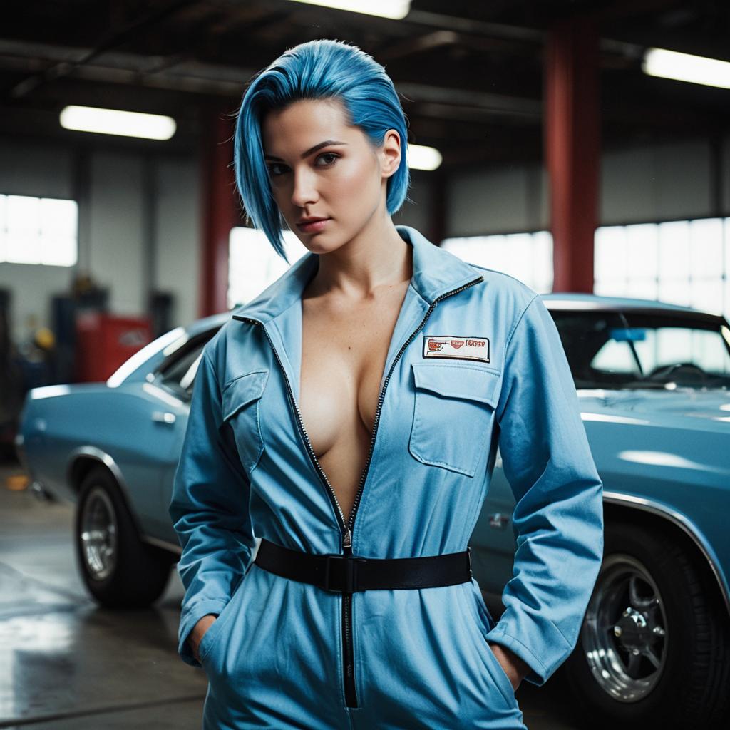 Blue-Haired Woman in Mechanic Jumpsuit with Classic Muscle Car in Garage