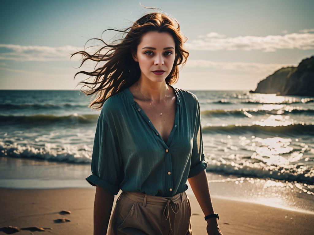 Woman Strolling on Beach at Sunset