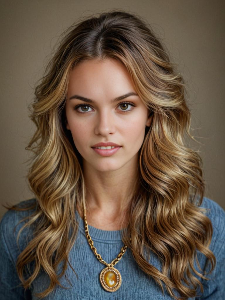 Portrait of young woman with wavy hair in blue top