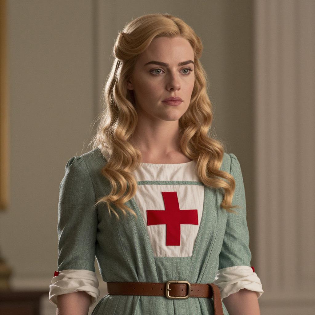 Vintage Nurse Woman in Green Dress with Red Cross