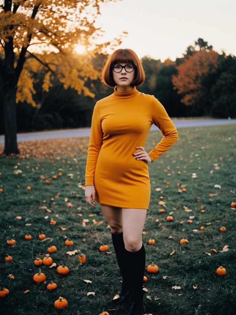 Woman in Velma Halloween Costume Outdoor Portrait with Autumn Pumpkins