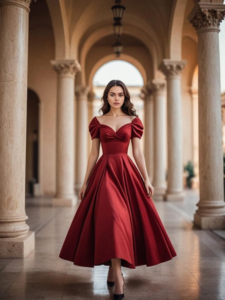 Woman in Red Dress in Grand Architectural Setting