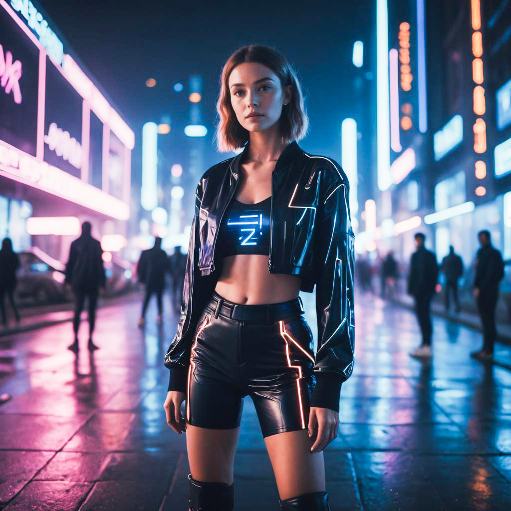 Stylish woman in neon-lit urban environment