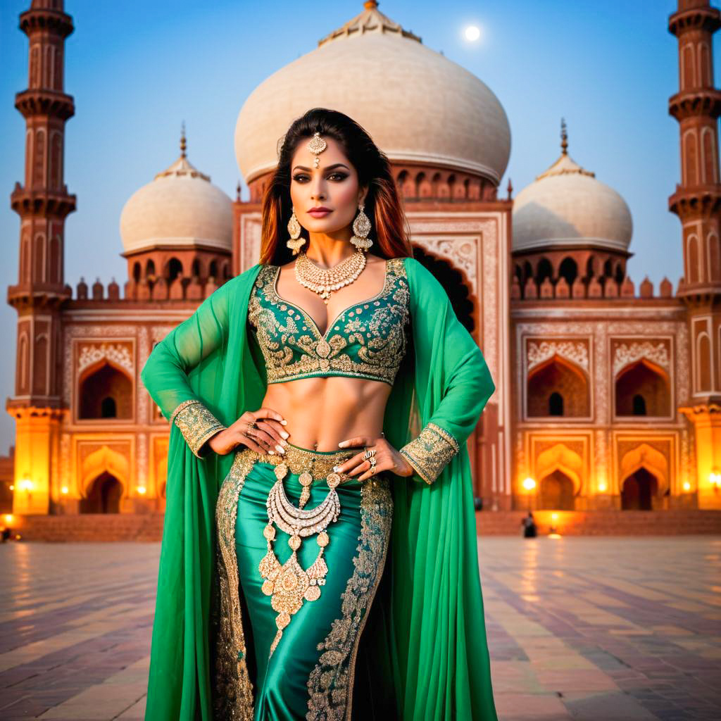 Elegant Woman in Traditional Attire with Monument