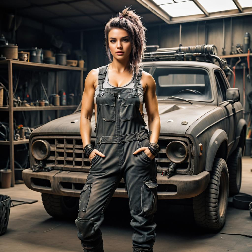 Confident Woman in Garage with Vintage Truck