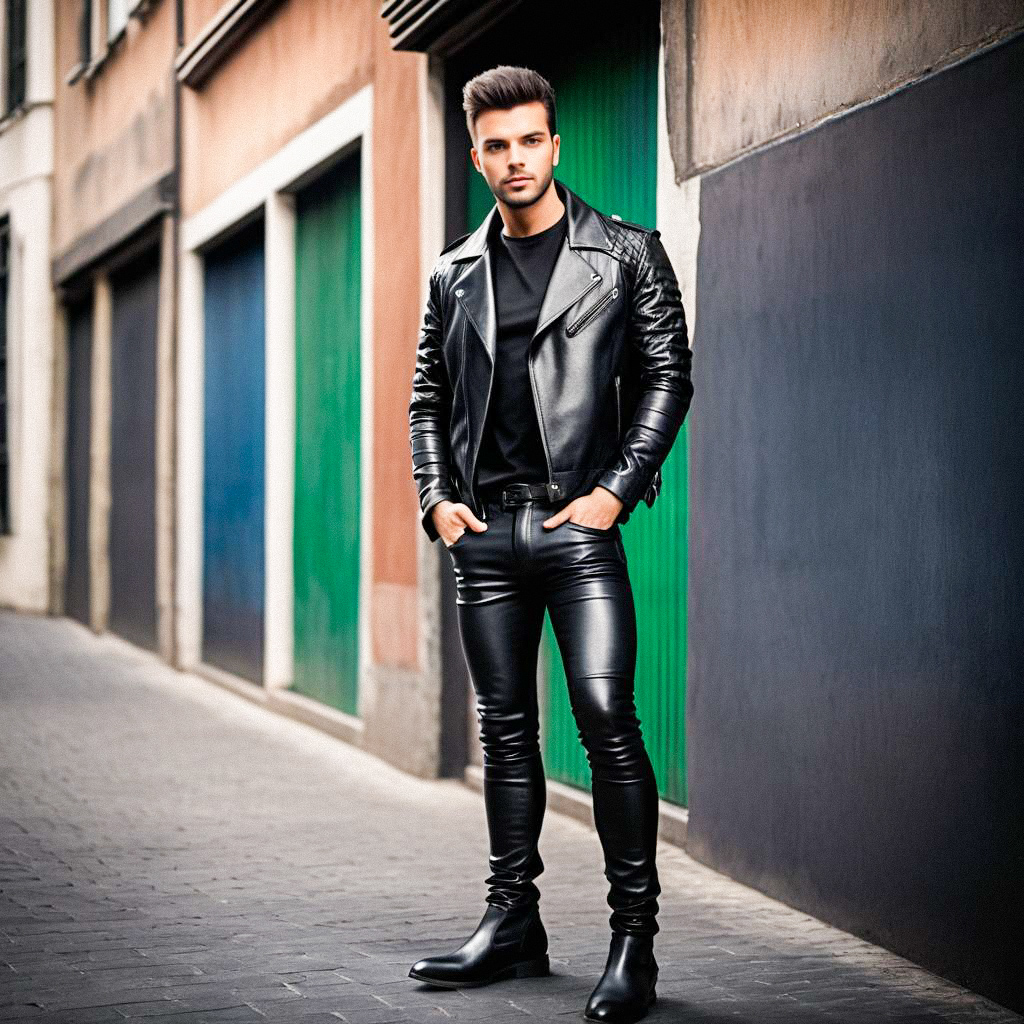 Fashionable Young Man in Black Leather Jacket