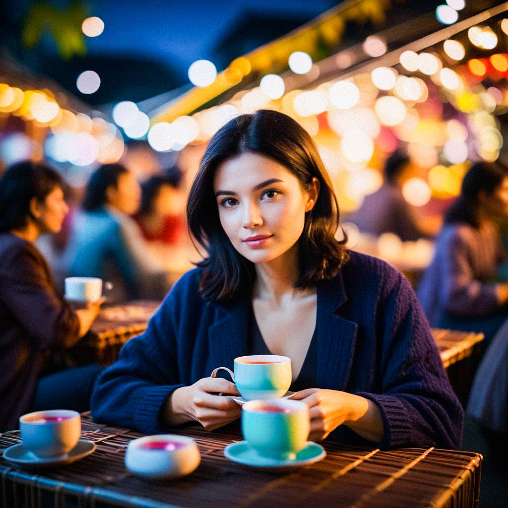 Young Woman Enjoying Tea in Vibrant Market Atmosphere