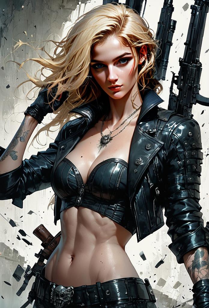 Strong Blonde Woman in Black Leather Cyberpunk Style with Weapons