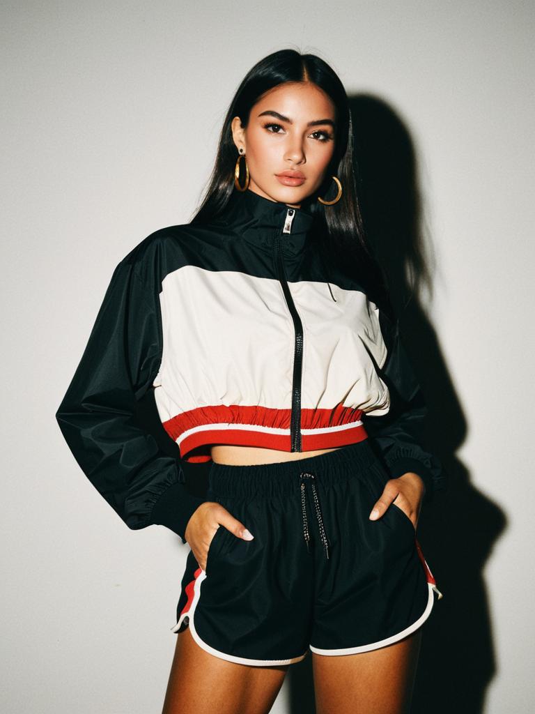 Woman in Sporty Chic Cropped Color Block Windbreaker Jacket and Athletic Shorts
