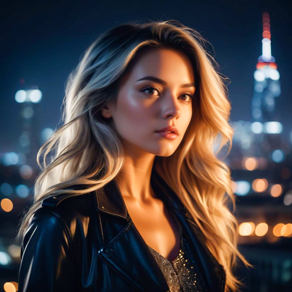 Young Woman with Blonde Hair in Cityscape at Night