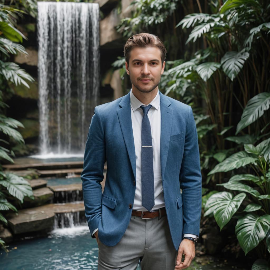 Man in Stylish Blue Blazer by Waterfall