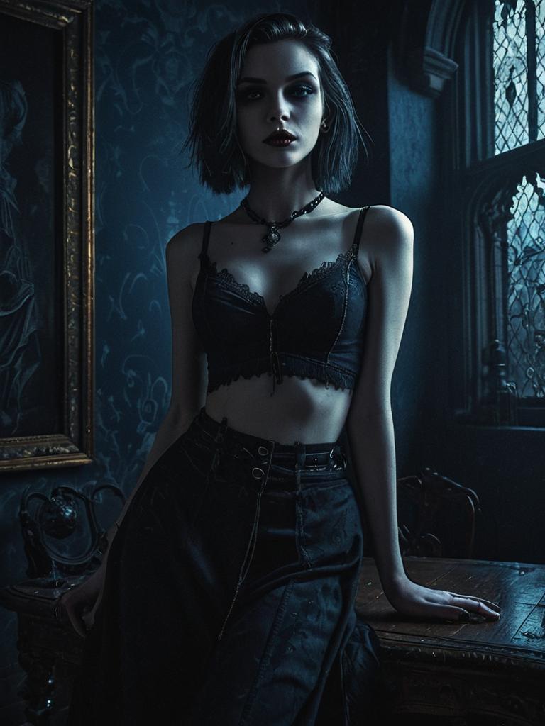 Gothic Portrait of Woman in Black Lace Crop Top with Antique Interior