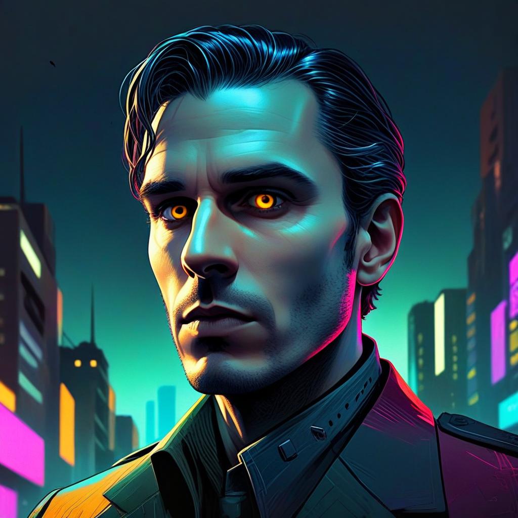 Man with Glowing Yellow Eyes in Futuristic Cityscape