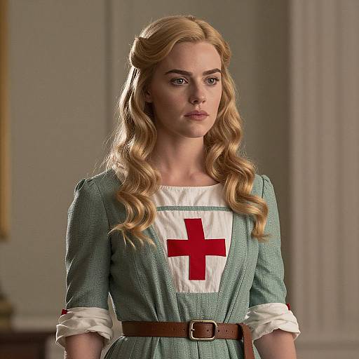 Vintage Nurse Woman in Green Dress with Red Cross