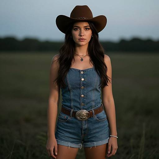 Young Woman Wearing Cowboy Hat and Denim Romper in Field