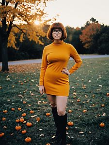 Woman in Velma Halloween Costume Outdoor Portrait with Autumn Pumpkins