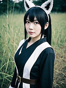 Realistic Cosplay Woman Wearing Karui Costume with Fox Ears
