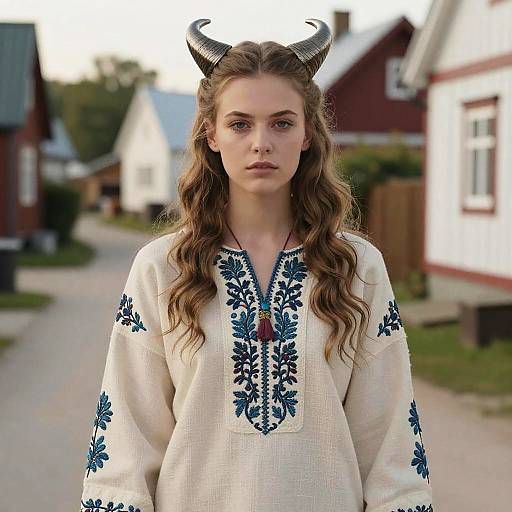 Young Woman in Embroidered Blouse and Metallic Horns in Rustic Village