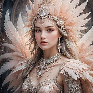 Elegant Woman in Peach Feather Costume with Gemstone Jewelry